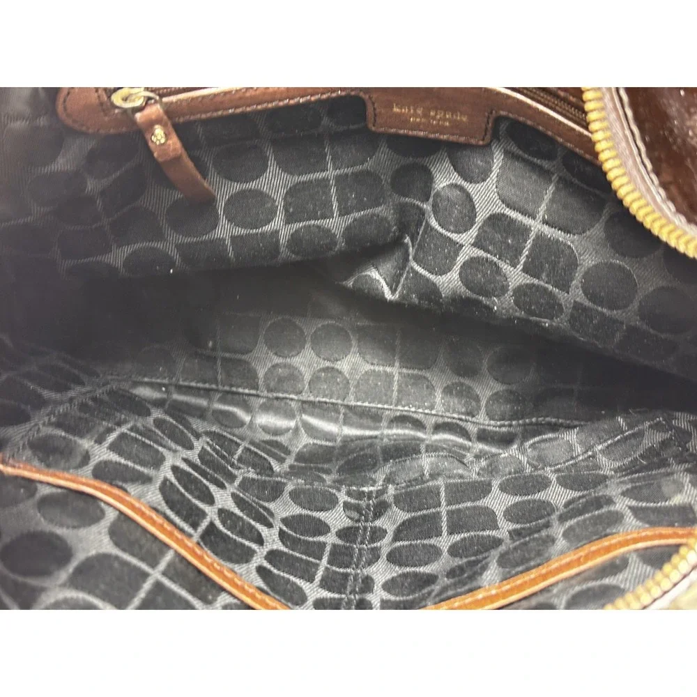 Kate Spade Patent Leather Satchel Black‎ Brown Trim Gold Tote Designer Chic Bag